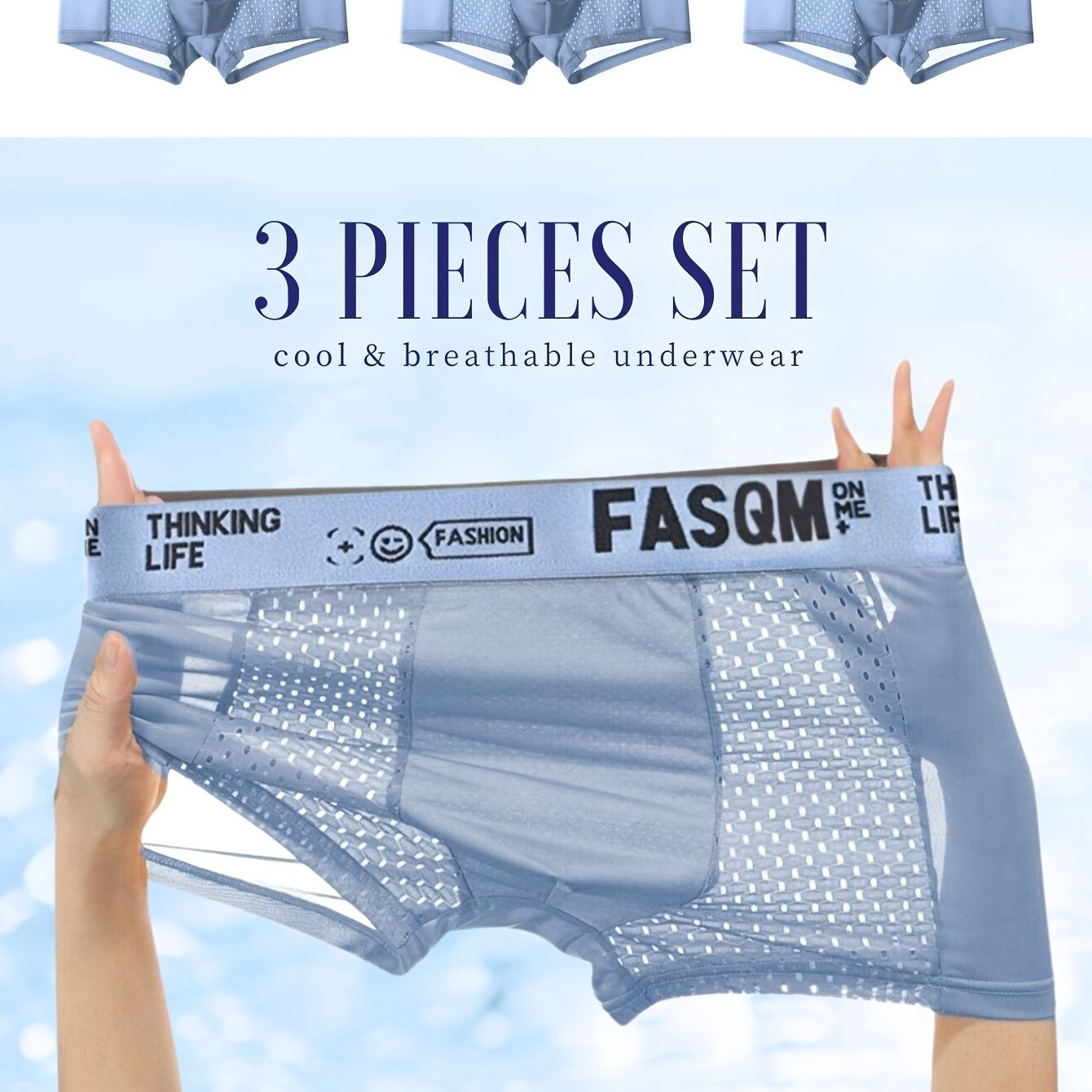 Multicolor men's ice charm boxers briefs with mesh patch, stretchy trunks, plain color sky blue, black, and deep gray with contrast color waistband print.