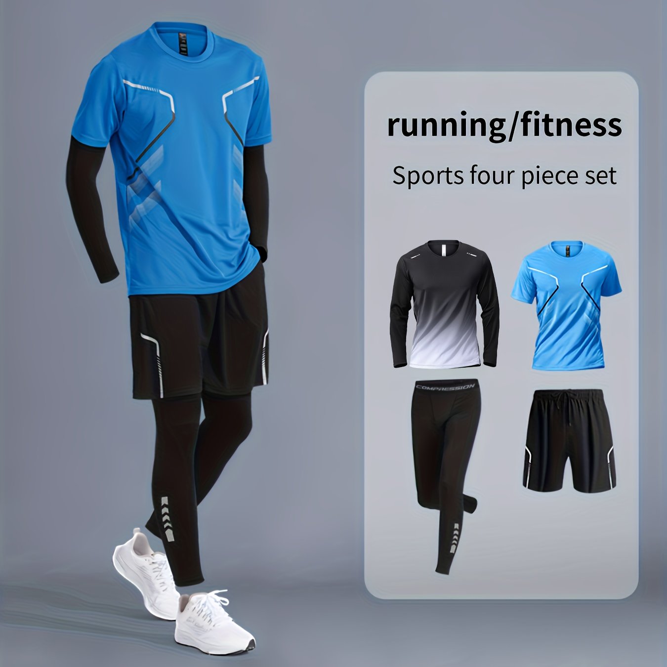 Men's sportswear set for running and gym, designed for all seasons with quick-dry fabric. Perfect for morning runs and cycling with tight-fitting gear.