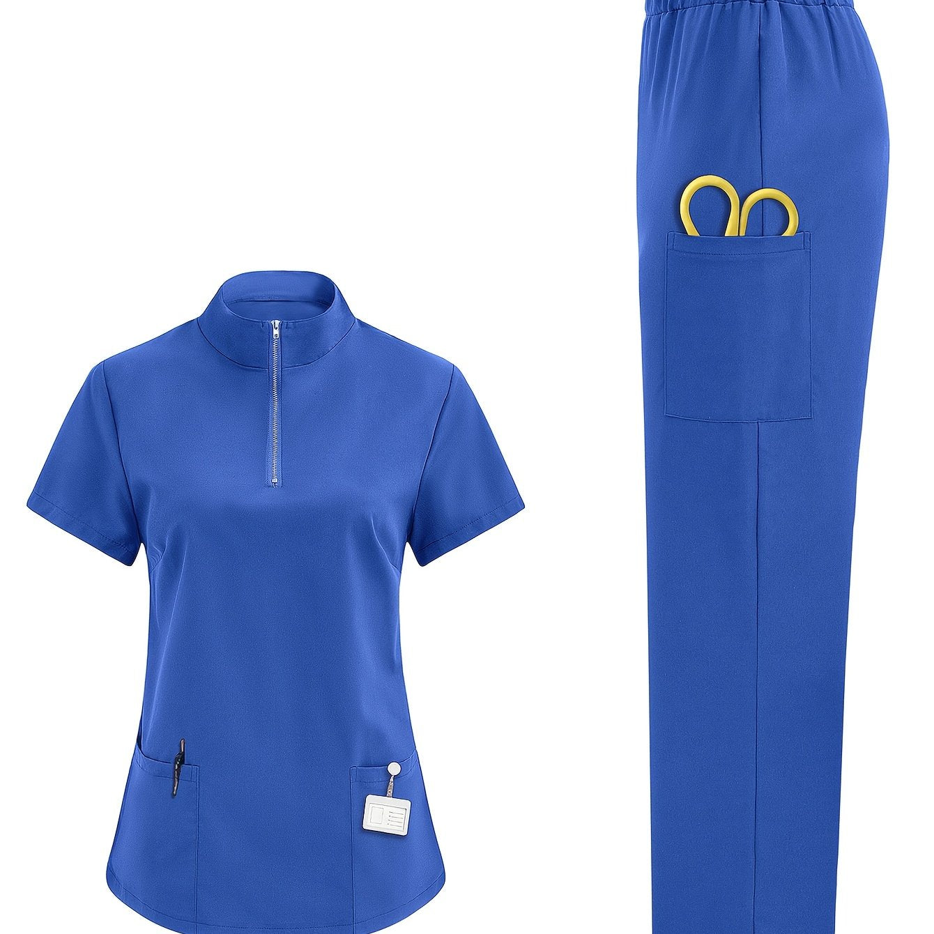 Women's breathable healthcare uniform with solid color polyester scrubs for medical professionals, featuring high neck, pockets, and suitable for all seasons.