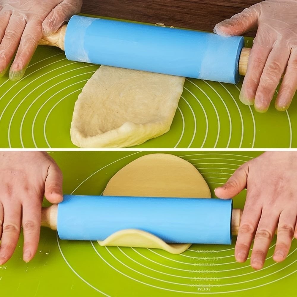 Small rolling pin suitable for kids with a wooden handle and non-stick silicone dough roller, ideal for baking activities.