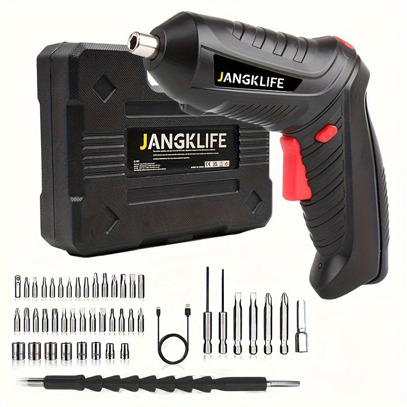 JANGKLIFE 47pcs Electric Screwdriver Set with USB rechargeable 90° rotatable foldable design, reverse rotation, 18650 Lithium battery, ≤36V operating voltage, and 1300mAh capacity.