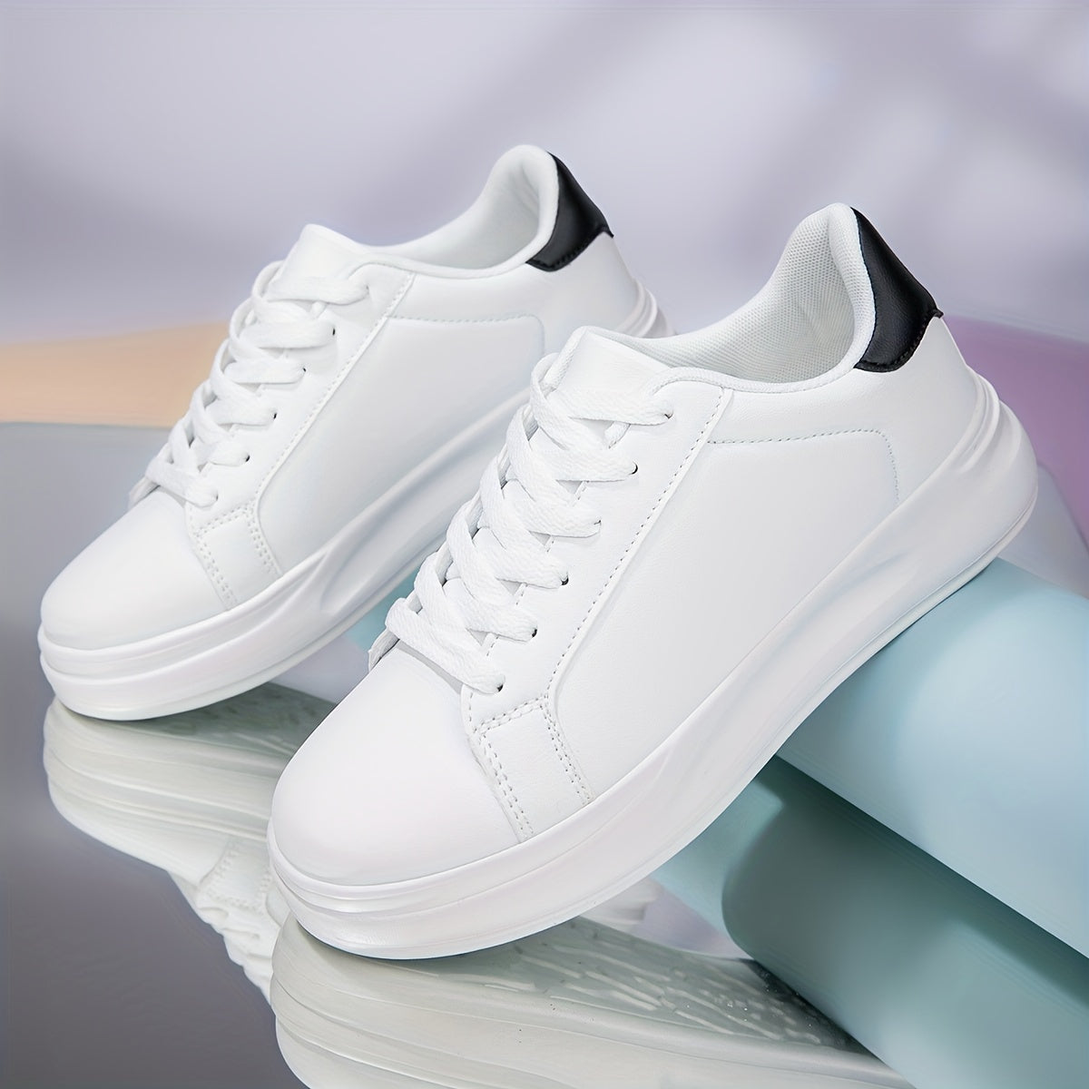 Classic White Sneakers for Women with Waterproof and Height-Boosting Thick Sole, Low-Top Lace-Up design.