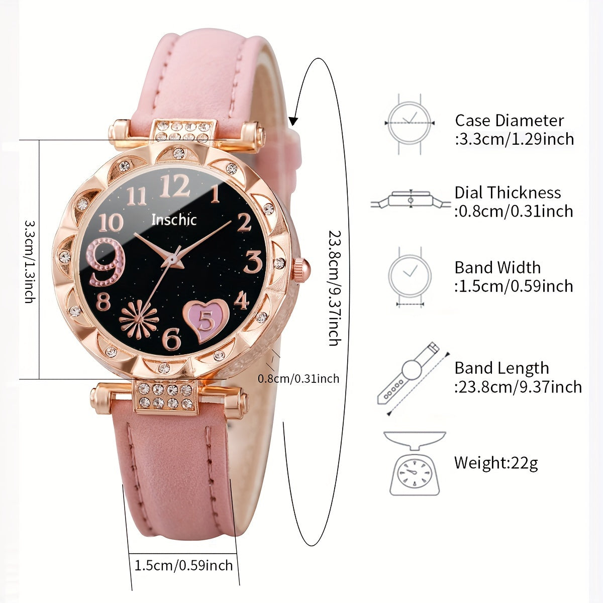 2-piece set without watch box: Women's quartz watch with love number dial and bracelet.