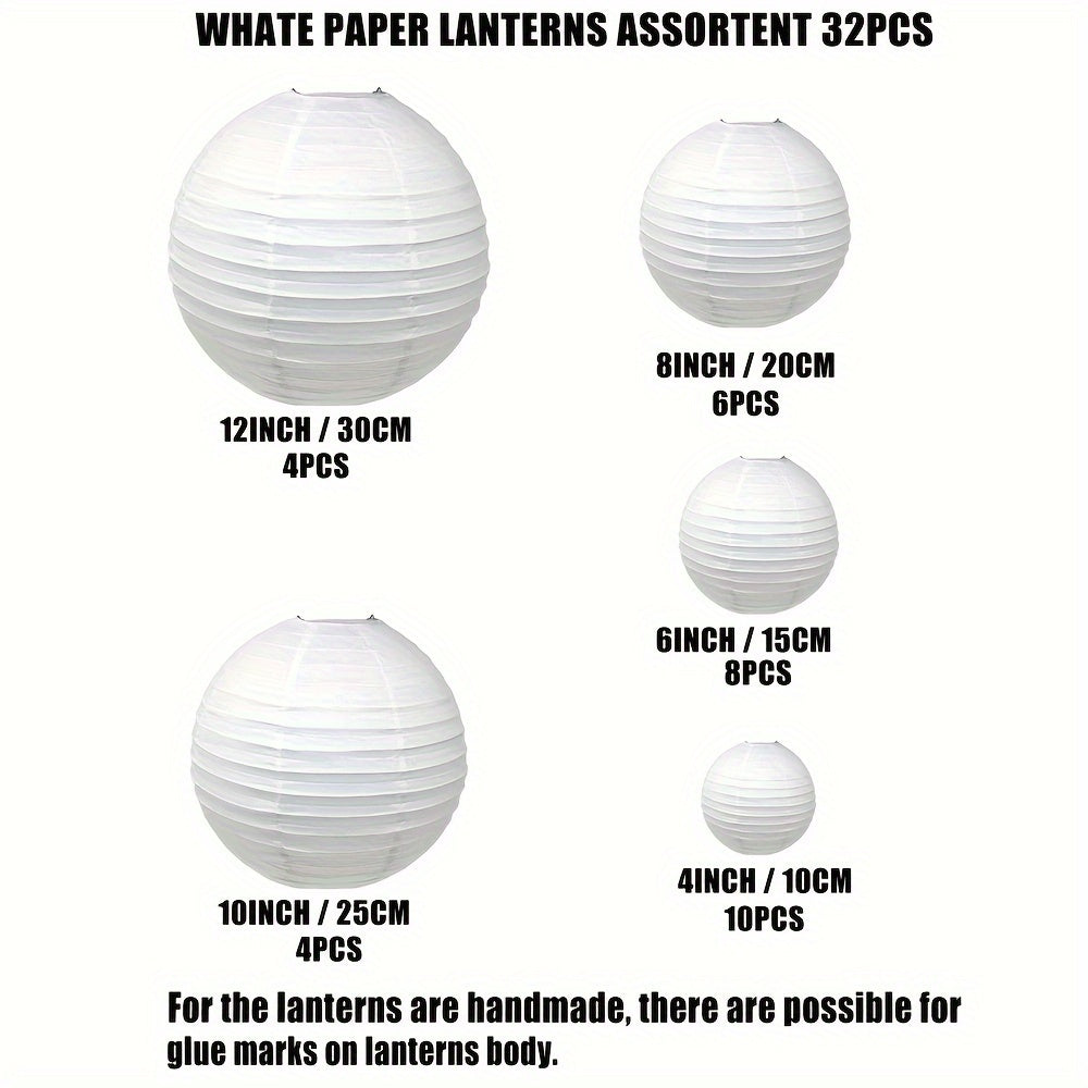 32 assorted white paper lanterns for various occasions like weddings, gardens, restaurants, parties, and holidays.