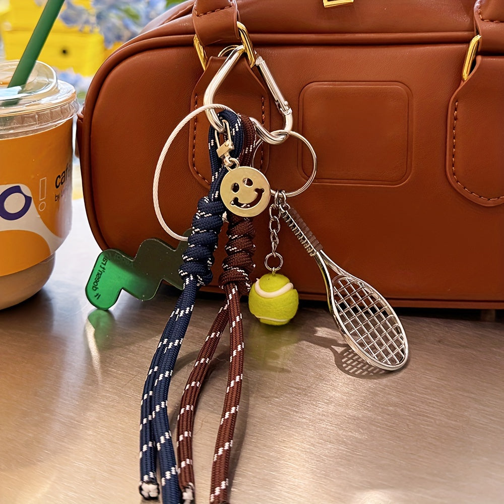 Metal keychain set featuring a tennis racket and ball design with rope accents, perfect for decorating bags with a sports theme. This multi-piece key ring accessory is ideal for attaching car keys and makes for a great Valentine's Day gift.