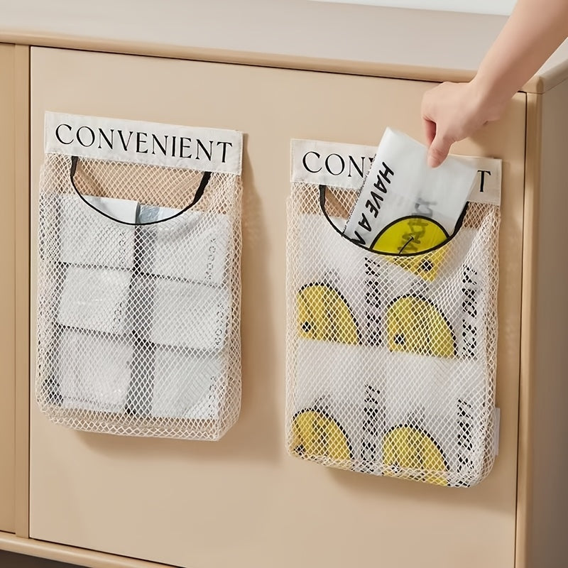 Organize your plastic bags with this wall-mounted storage rack. Made of reusable elastic mesh, it is perfect for keeping your kitchen and clothing bags in place. Note that this organizer is non-food grade.