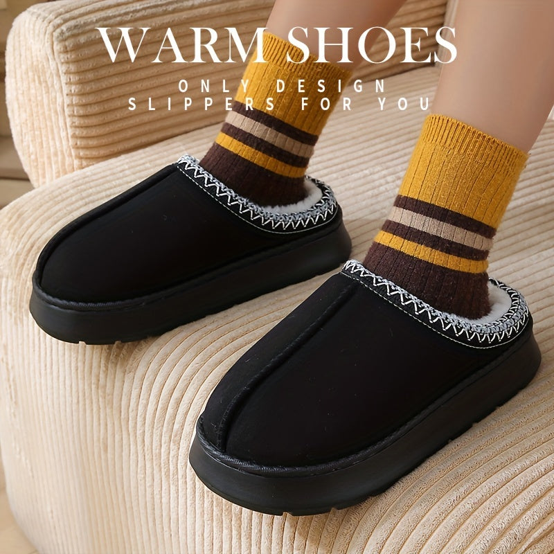 Warm and stylish beige flannel slippers for women with plush lining and striped cuff detail, suitable for indoor and outdoor wear.