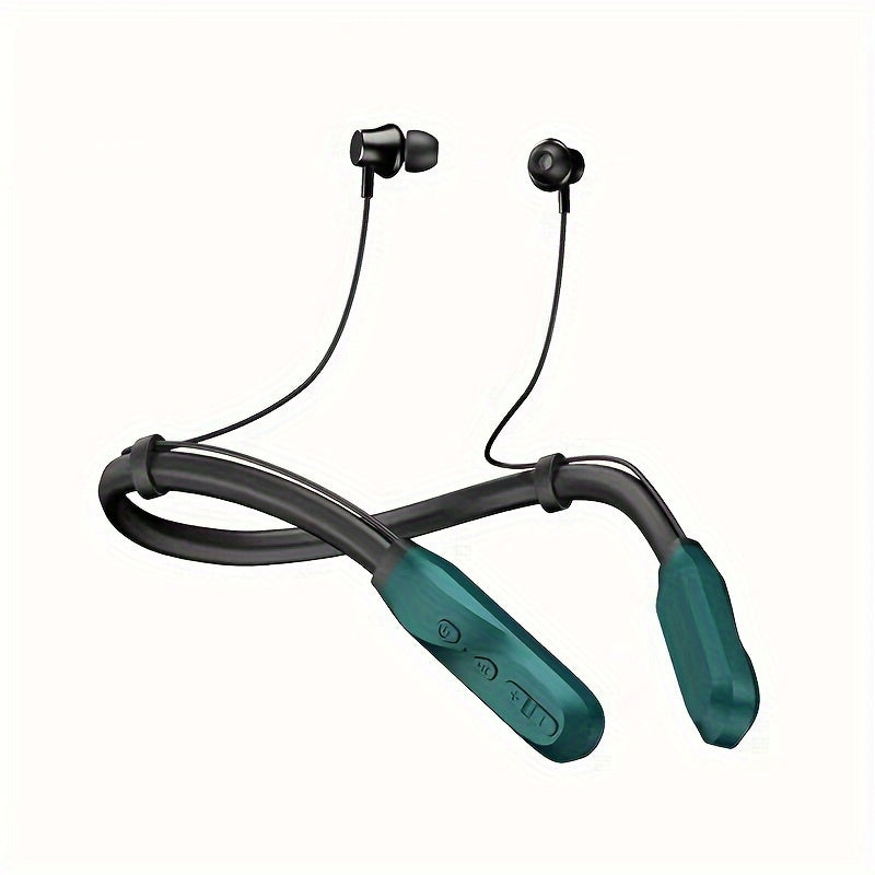 Sporty wireless earbuds with microphone and neckband for running.