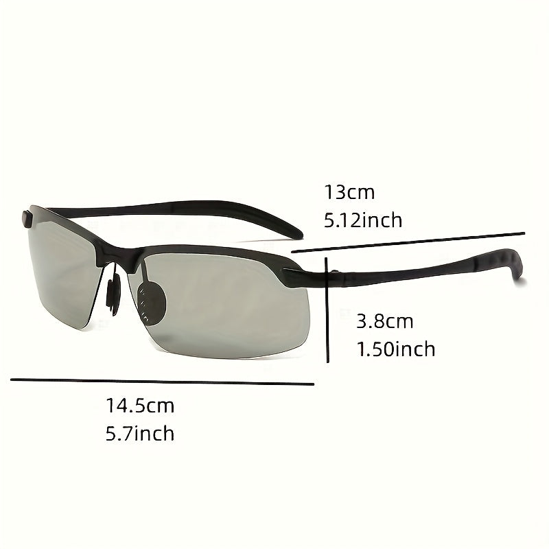 Unisex photochromic sunglasses with half-rim plastic frame, perfect for outdoor activities. Scratch-resistant.