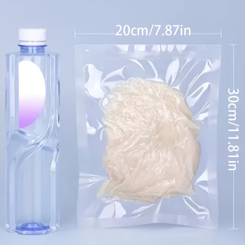 100 vacuum sealed food bags made of silk and transparent polyester nylon material. These bags are designed for vacuum compression and plastic sealing to keep food fresh. They have a glossy commercial finish.