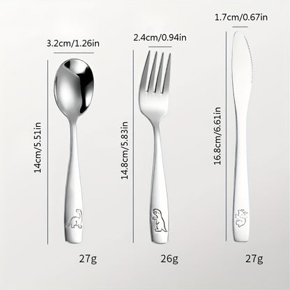 - Set of stainless steel flatware for youngsters
- Cartoon dinosaur design
- Silvery knife, fork, and spoon