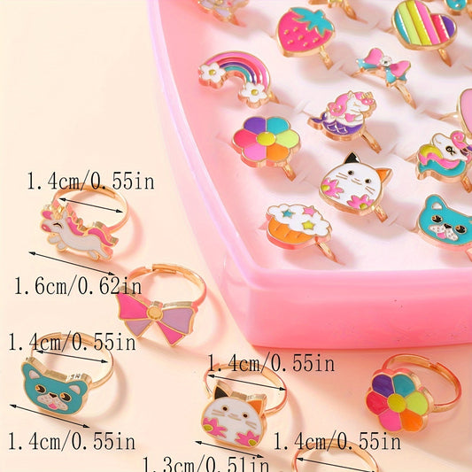 36 adjustable princess theme rings for girls in mixed color enamel design, made of zinc alloy.