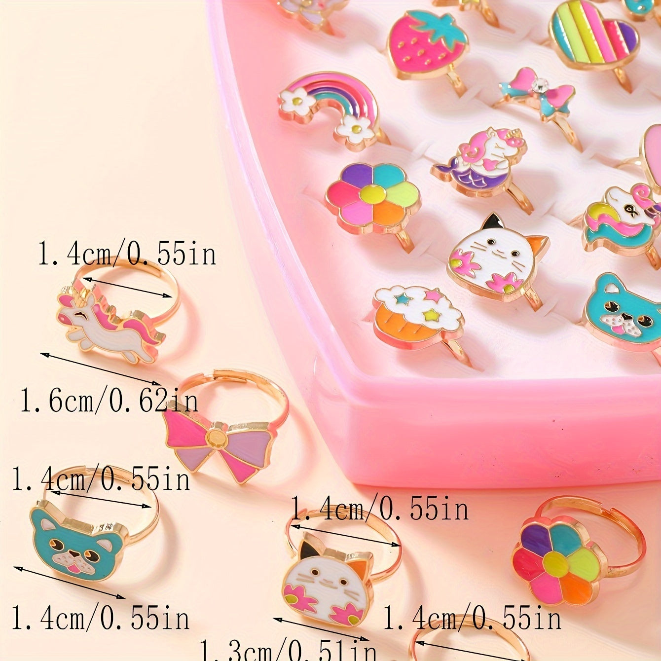 36 adjustable princess theme rings for girls in mixed color enamel design, made of zinc alloy.