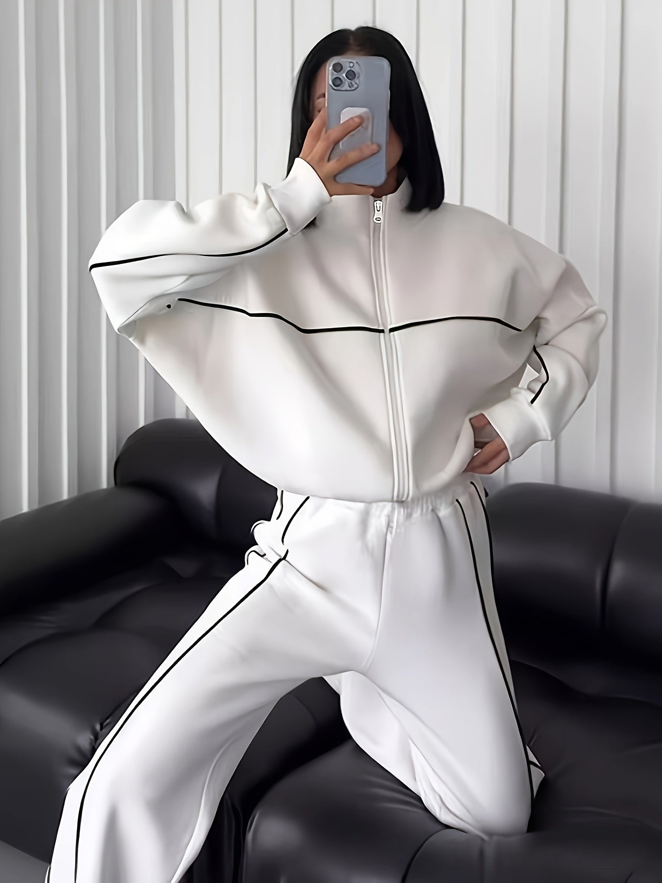 Women's Elegant Tracksuit Set - made of polyester with striped cuffs, includes zip-up hoodie and matching pants, machine washable, suitable for fall/winter.