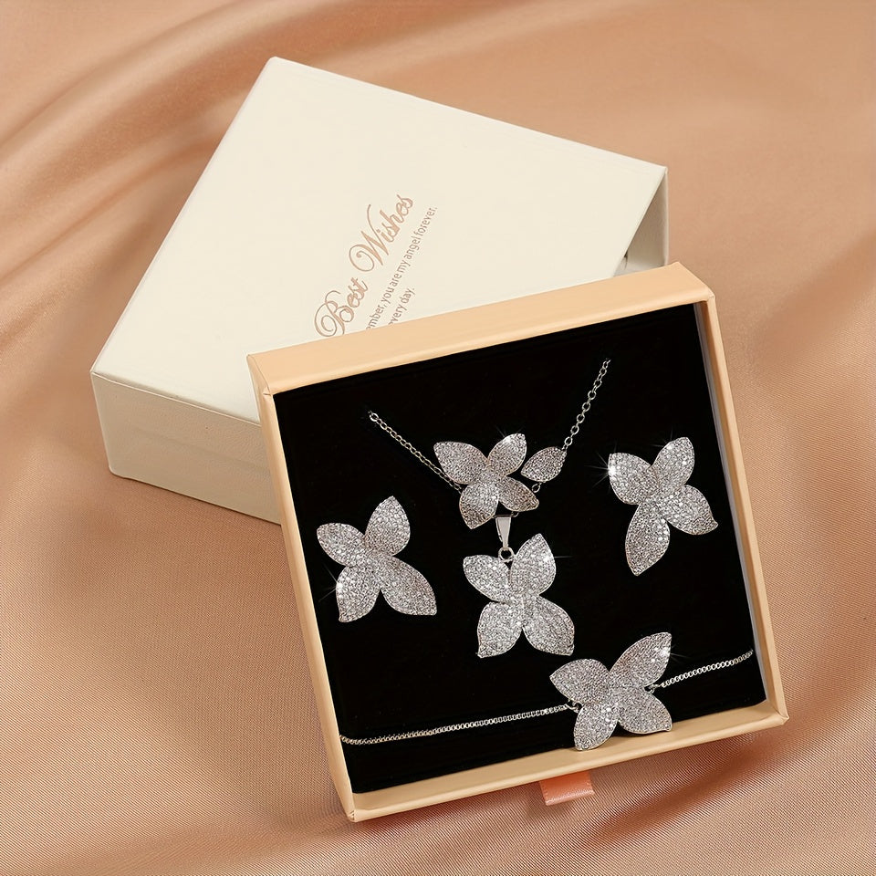 Elegant Wedding & Valentine's Day Gift: Stunning 5-Piece Butterfly Jewelry Set for Women featuring Zirconia Inlaid Copper - Includes Necklace, Bracelet, Ring, Earrings in a Beautiful Boxed Set - Perfect for the Summer Season Style