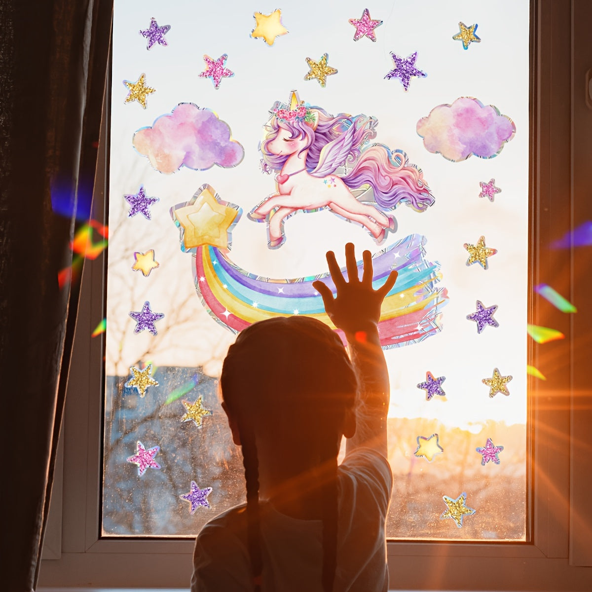 Reusable Rainbow Unicorn & Star Window Clings - Matte Finish PVC Static Decals for Glass Surfaces