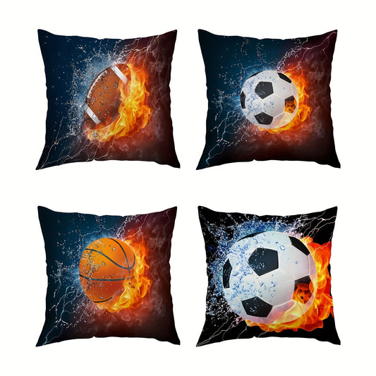 1pc plush pillow cover for basketball, football, and rugby with zipper, single-sided printing. Suitable for sofa and bedroom decoration. Pillow core not included. Size: 45.72x45.72 cm.