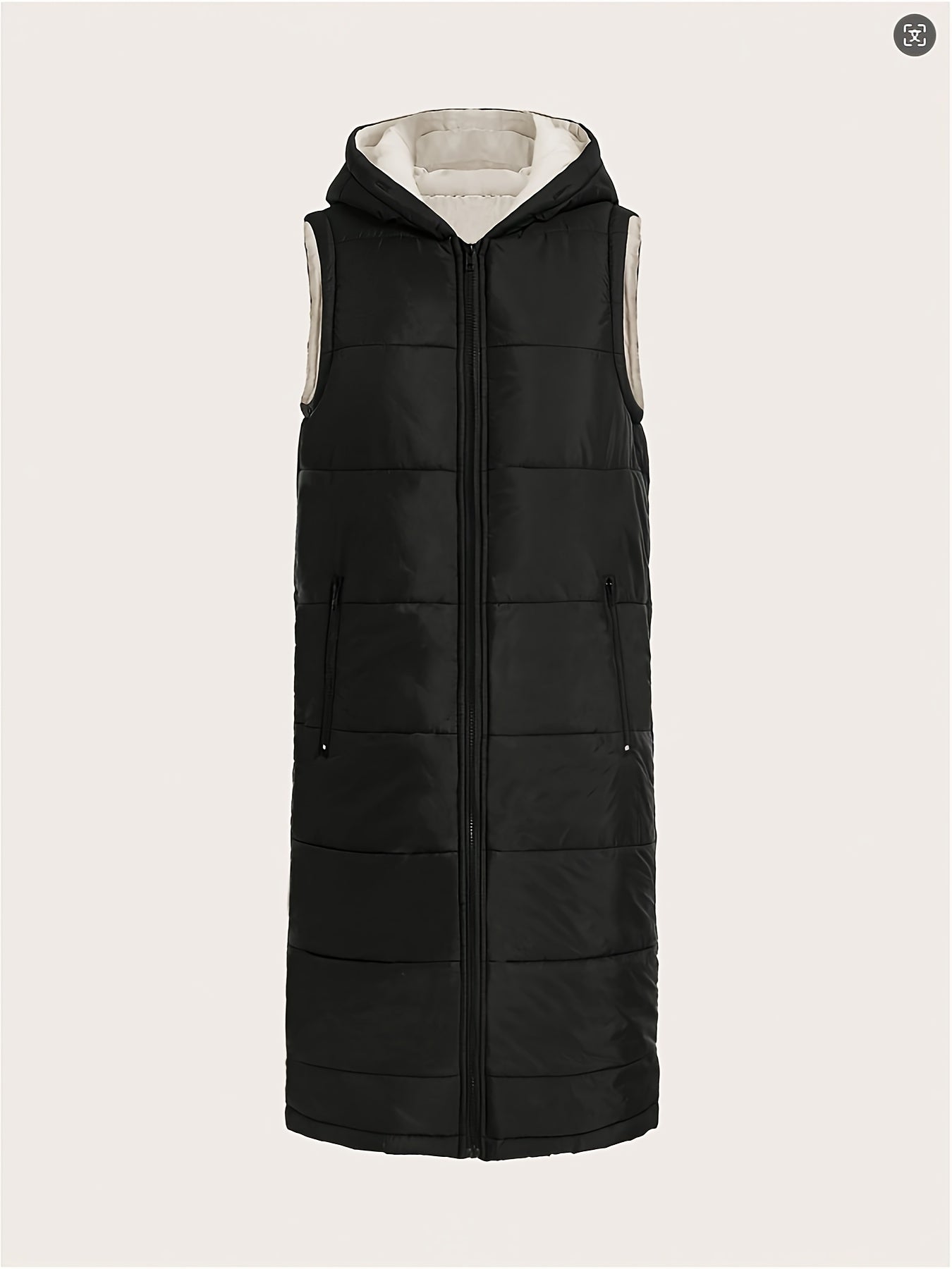 Stylish plus size vest with hood, long length and pockets. Made of polyester with slight stretch, ideal for all seasons.