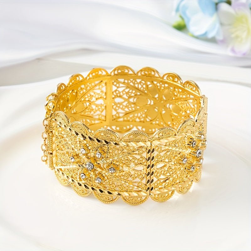 Exquisite Vintage-Inspired Bridal Bangle in Gold Plating with Intricate Hollow Carved Design and Sparkling Cubic Zirconia Details - Ideal for Weddings and Formal Events