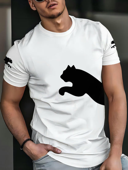 Men's casual short sleeve 3D cat print t-shirt, made of breathable polyester blend for summer outdoor wear.