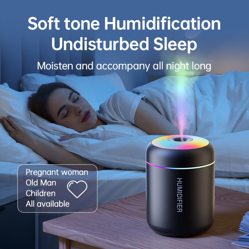 Portable USB-powered humidifier with lights, aromatherapy option - great for cars, offices, bedrooms, and tents.