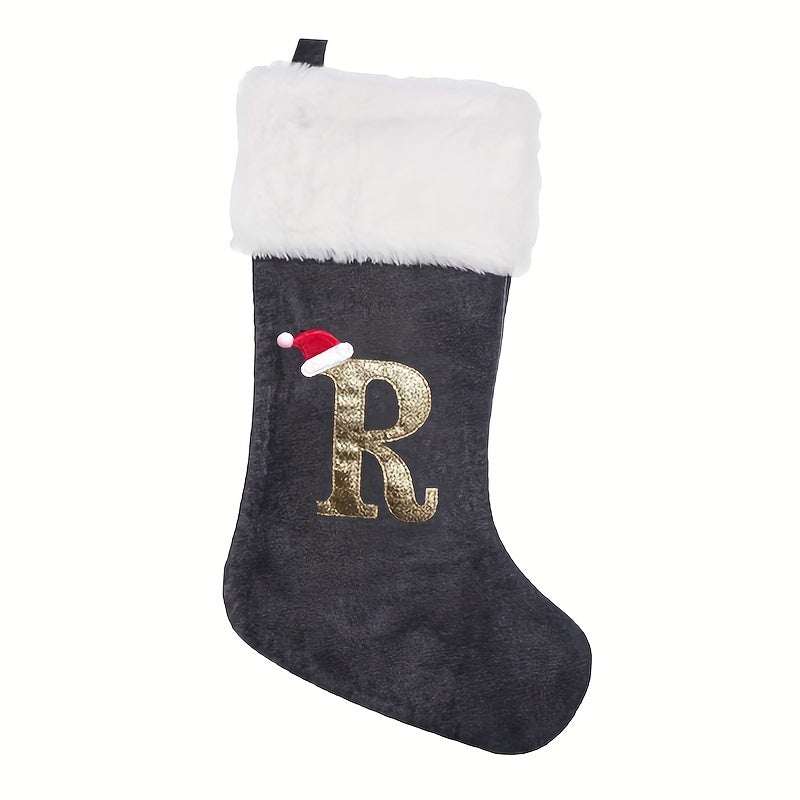 Modern Christmas stocking featuring 'HOME' embroidery in grey and white, made of polyester flannel, 43.18cm in length, feather-free, perfect holiday gift.