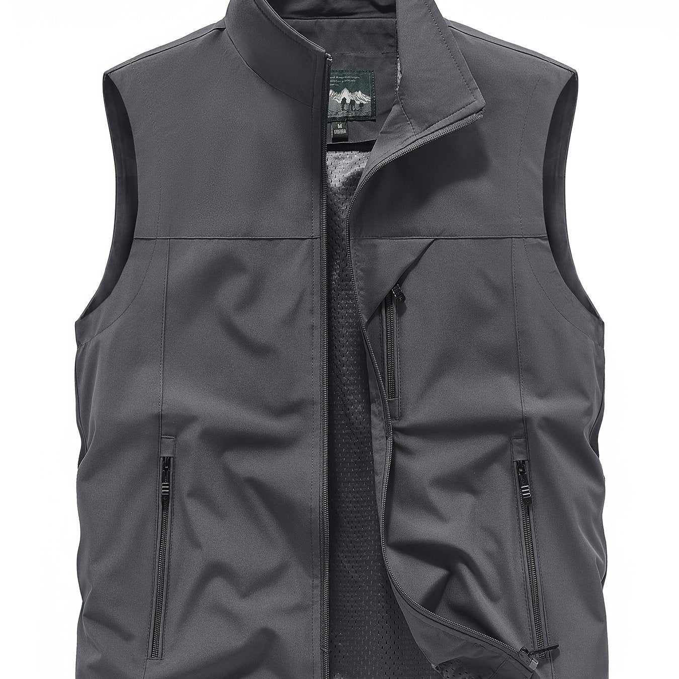 Men's sleeveless jacket with zipper pockets, stand collar vest for outdoor activities in spring, summer, and fall.