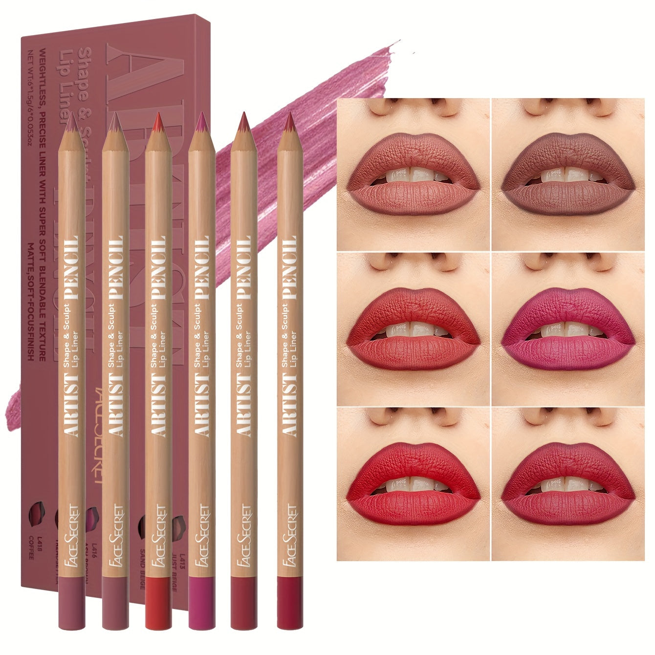 6-piece set of nude lip liners, with waterproof matte finish, long-lasting color, and easy application for daily makeup.