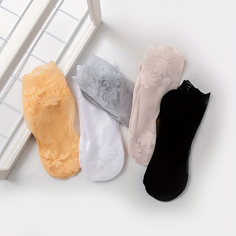 5 pairs of sheer lace mesh socks for women, lightweight and breathable.