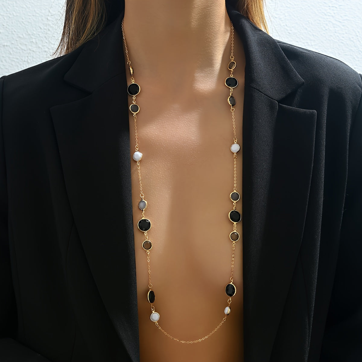 Stylish Long Layered Necklace designed for Women, Features a Minimalistic Iron Chain adorned with Plastic Gemstones, Perfect for both Everyday Wear and Special Occasions, Complete your Look with this fashionable Jewelry Ensemble.