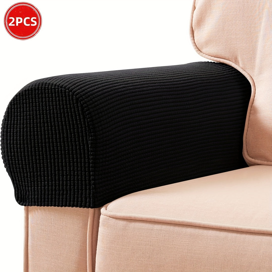 2 Stretch Armrest Covers made of durable spandex blend with plush texture. Scratch & dust resistant, and machine washable. Fits single to four-seater sofas & recliners in various colors.