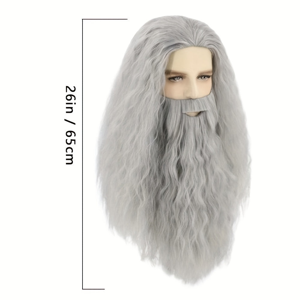 Get into the holiday spirit with our Long Gray and White Wizard Beard and Wig 2-piece set! Perfect for Halloween or Christmas dress-up, this men's wig and beard combo will have you looking like Santa himself. Embrace your inner wizard with this costume