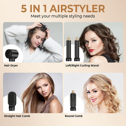 5-in-1 Hot Air Comb Set with Hair Dryer, Curling Iron, and Straightening Brush