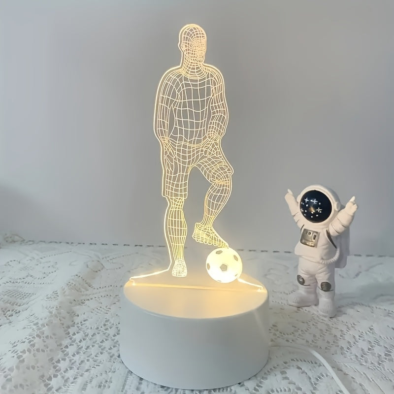 Football player-shaped table lamp with USB interface and LED night light for bedroom decoration.