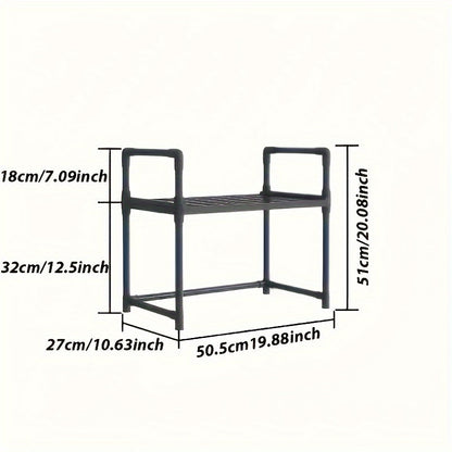 The Expandable Double-Layer Microwave Rack with Classic Style features 4 Hooks for added convenience. This Multi-functional Kitchen Storage Organizer is constructed with Metal and Plastic materials. Assembly is required, but no batteries are needed.