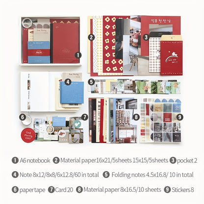 Student Art Notebook Full Set Gift Box with Simple Notebook Stickers and 122-piece Material Set.