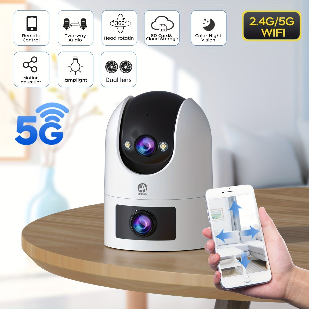 Introducing the JOOAN 1296p FHD PTZ Camera, a state-of-the-art security monitor equipped with dual-lens technology, 2-way audio, auto-tracking, wall hanging capabilities, smartphone app control, and both 2.4G and 5G WiFi compatibility. This camera is USB