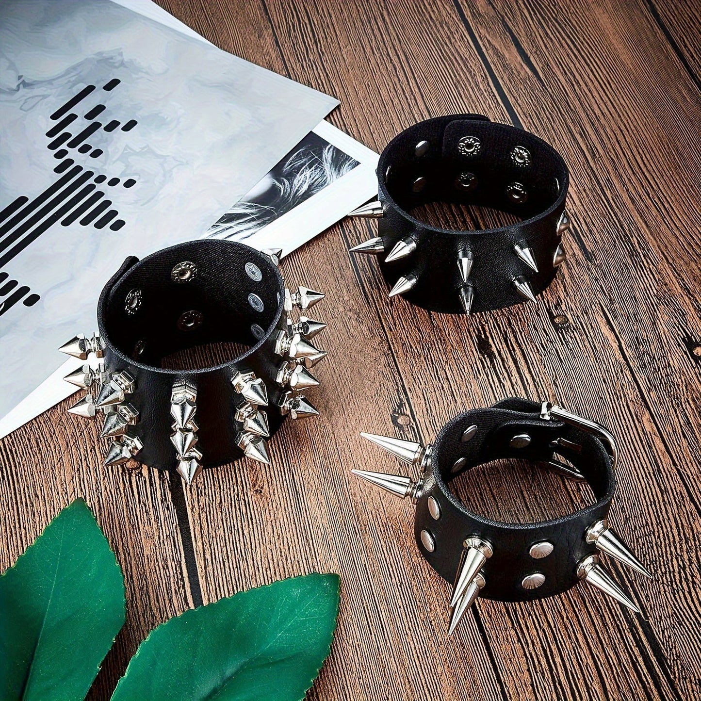 Set of 6 Punk Gothic Faux Leather Bracelets featuring Studded Spikes & Rivet Buckles - Adjustable Black Wristbands Perfect for Men, Rocking 80s Style Party Accessories