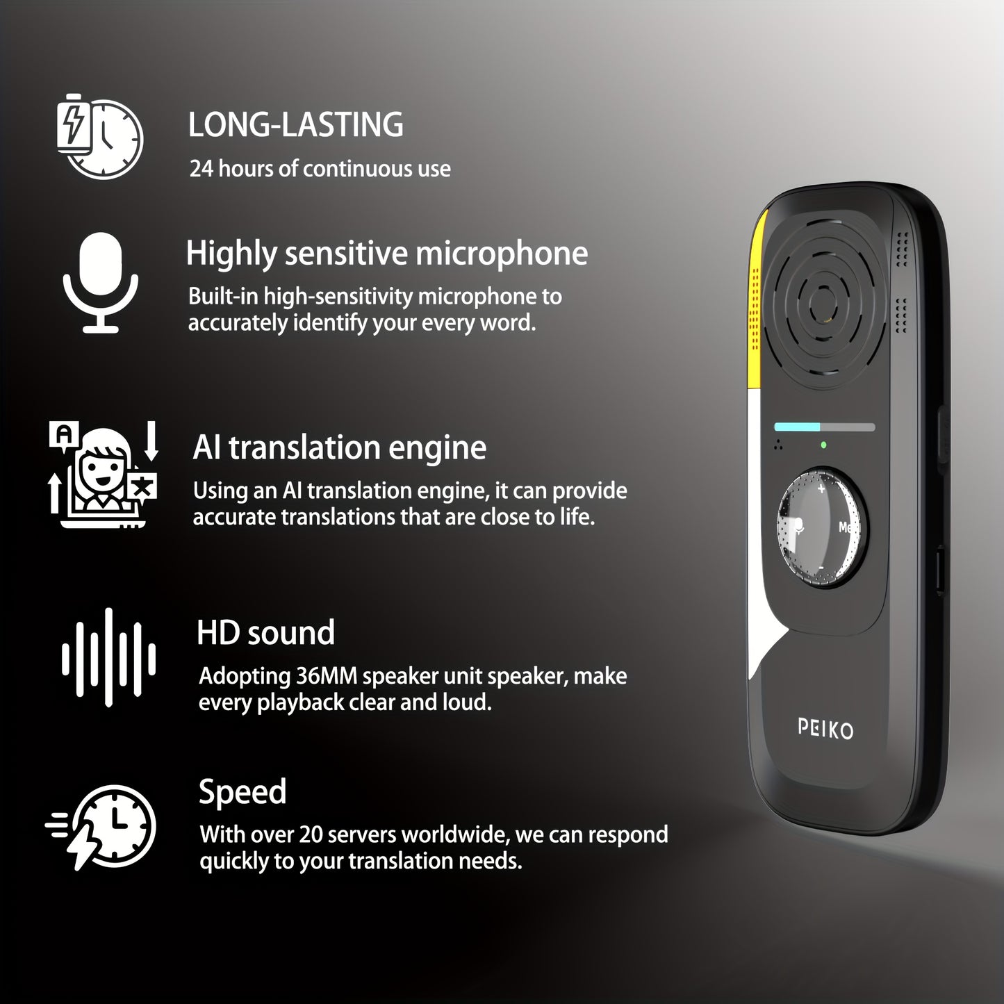 Peiko TR-BOX01 Portable Language Translator Device offers 75+ languages, high accuracy, two-way instant voice translation, and wireless connectivity. It includes 136 accents for travel