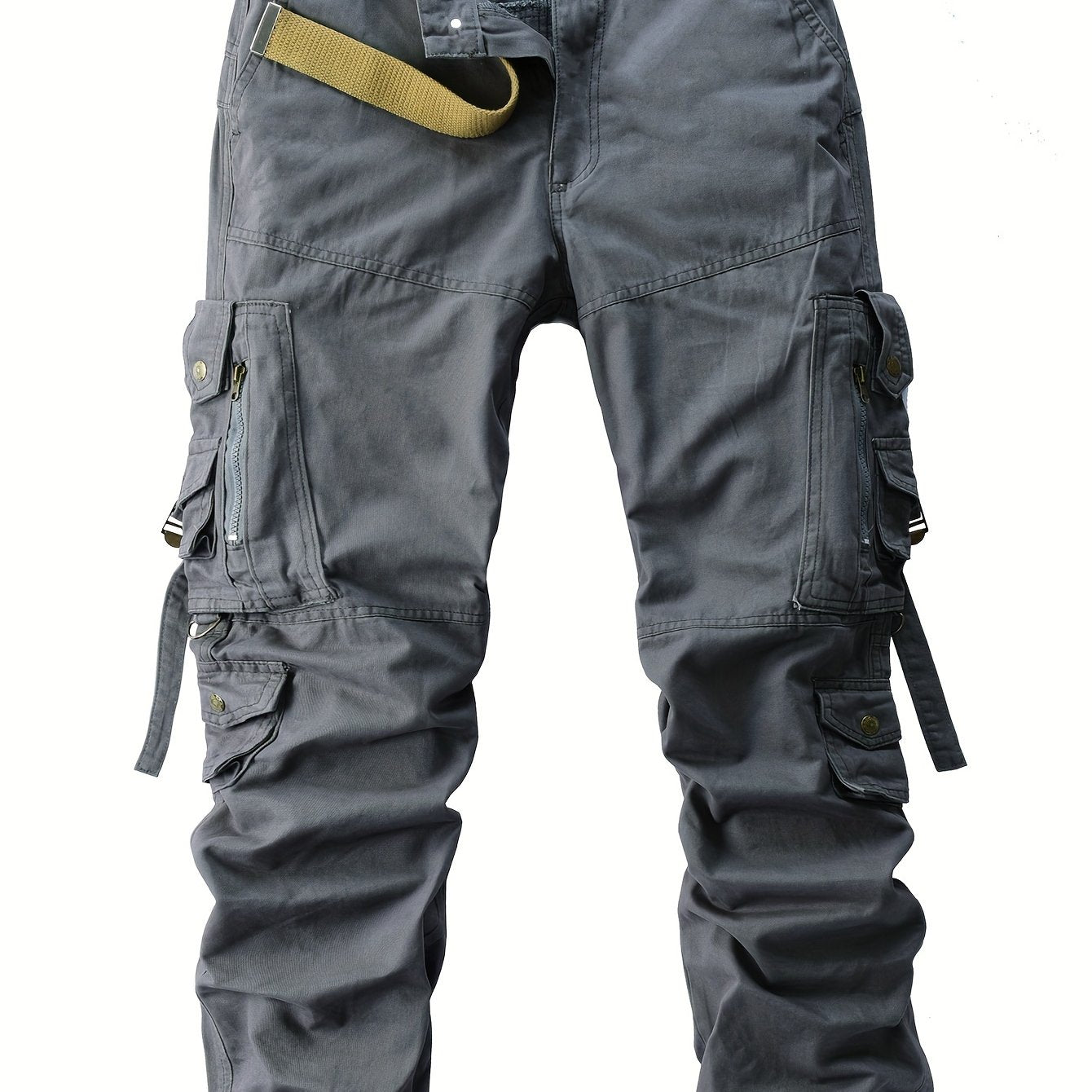 Men's vintage heavy-duty cotton cargo pants with multiple pockets, zipper fly, and loose fit for all-season work wear.