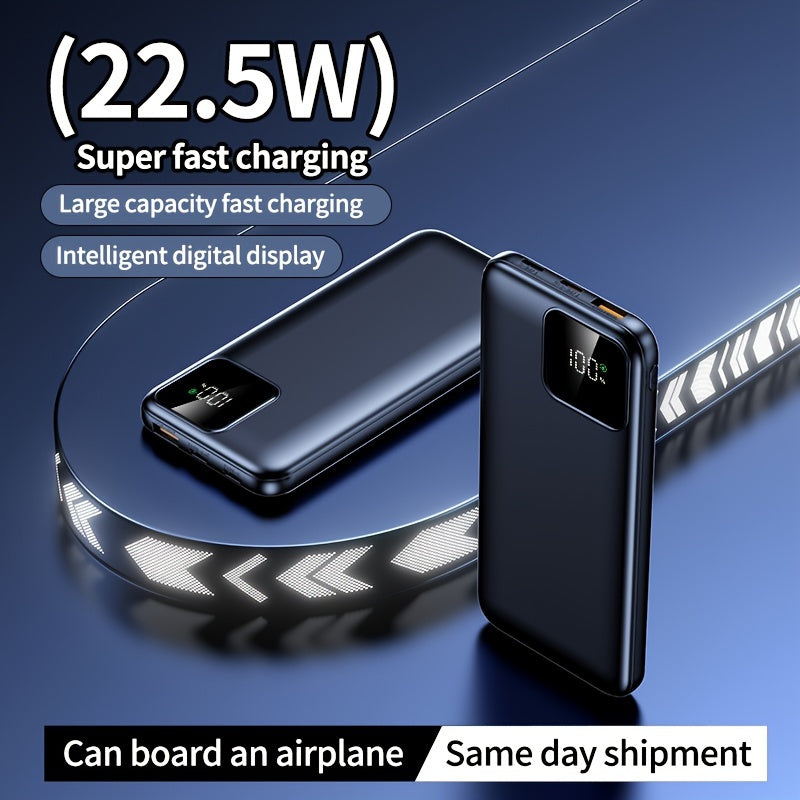 10,000mAh power bank with 22.5W/PD20W fast charging, LED power display, dual input/output, compact and portable for mobile phone charging.