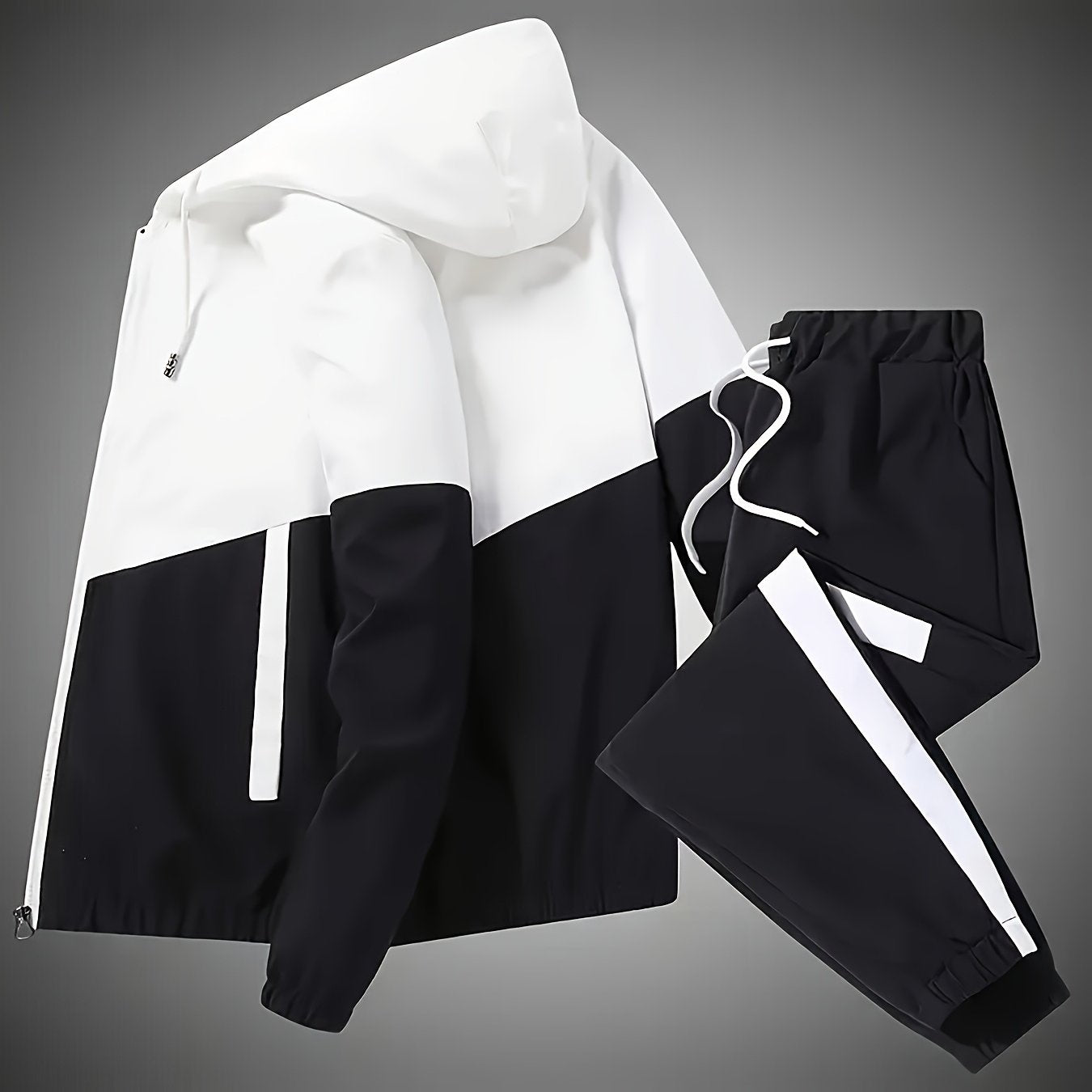 Men's Color Block Hoodie & Joggers Set: Polyester, Zip Detail, All-Season Wear