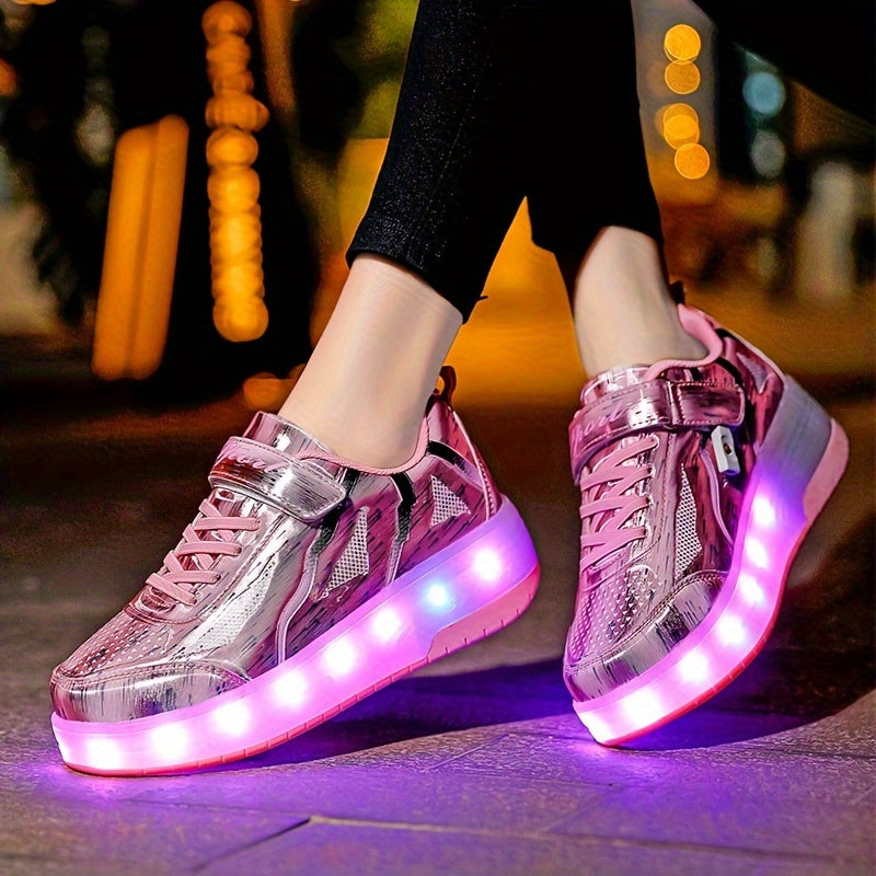 Pink LED light-up roller skates for girls with rechargeable batteries, adjustable brightness, star pattern, double wheels, and hook-and-loop fastener closure, suitable for all seasons.