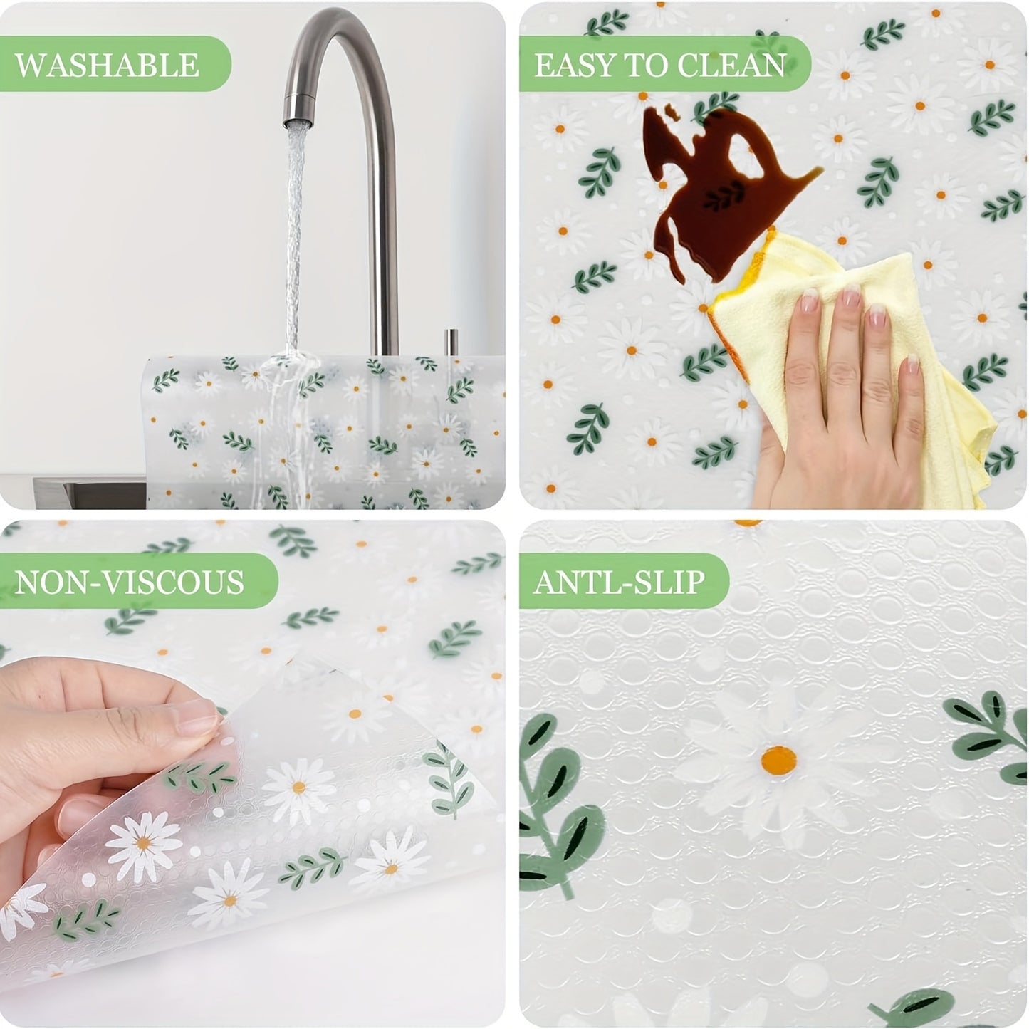 Elegant daisy pattern EVA shelf liner, waterproof, non-slip, and versatile for various uses in the home. BPA-free, odorless, easy to clean and cut. Ideal for kitchen cabinets, drawers, refrigerators, tables, wardrobes, and shoe cabinets. Transparent