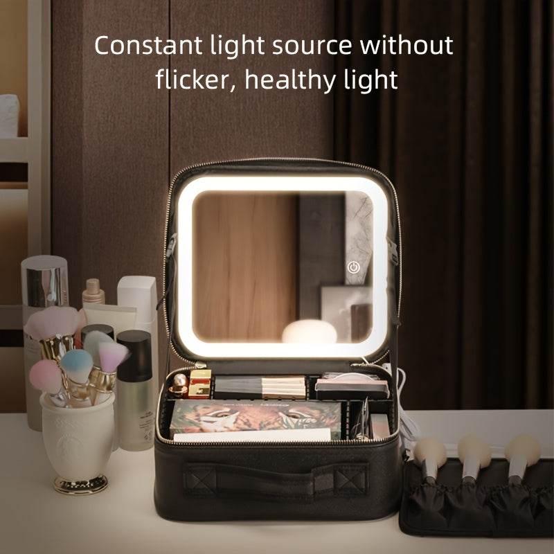 LED Travel Makeup Bag with Mirror, Adjustable Dividers, and 3 Color Settings, Organizer for Women's Beauty Tools