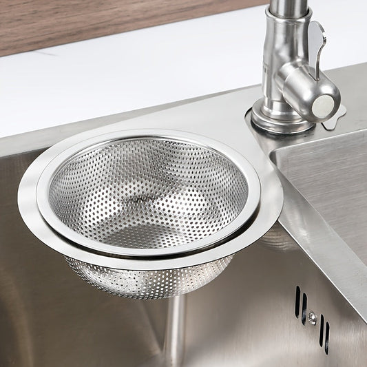 Handle-equipped stainless steel sink strainer with versatile mesh filter for capturing food scraps, washing pasta & veggies, and saving kitchen space. Effective garbage collector for your sink drain.