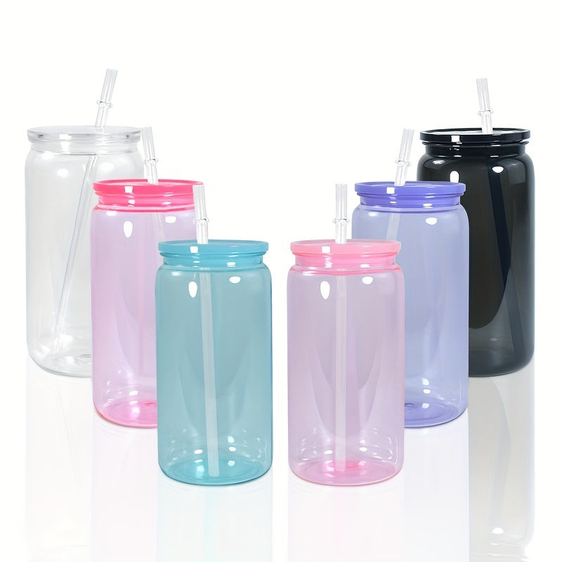 6 pieces of 16oz clear plastic cups with lids and straws in vibrant colors (pink, purple, light blue, black, white). BPA-free and suitable for vinyl stickers, UV DTF DIY, and party drinks. Durable and reusable drinkware.