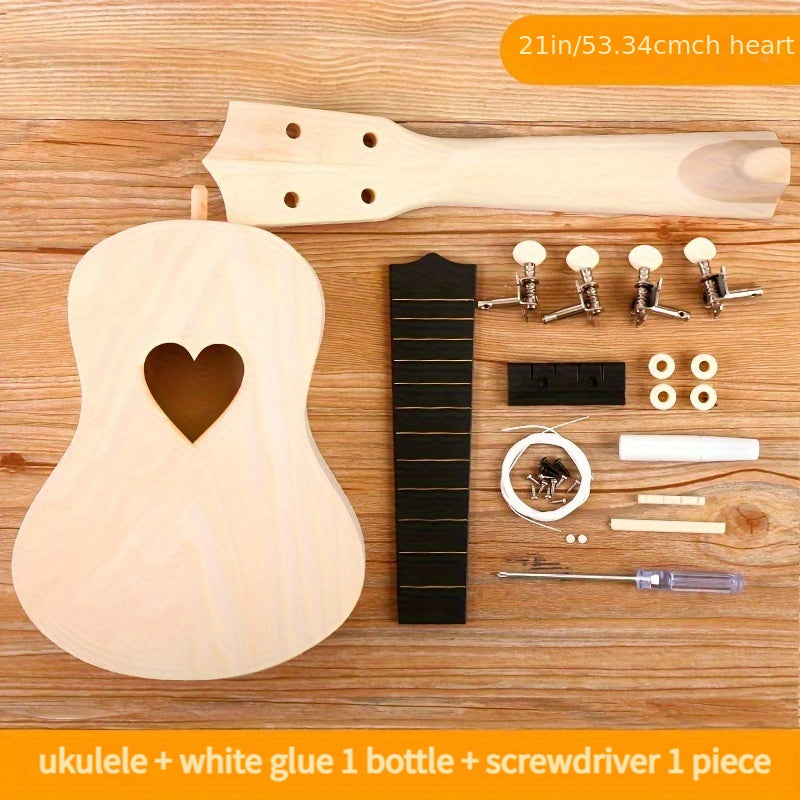 Build your own ukulele with DIY kit, includes basswood body, fretboard, and panel. Perfect for beginners and enthusiasts to customize with paintable surface.