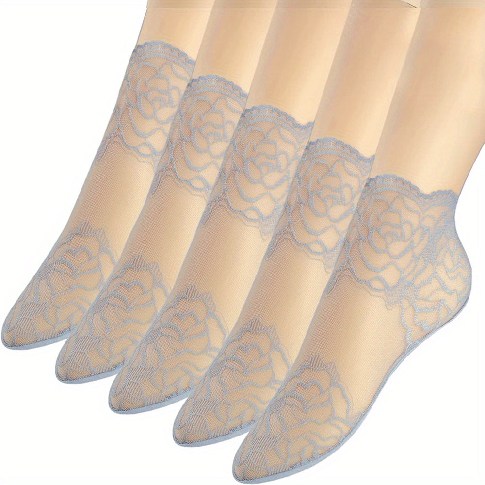 5 pairs of women's invisible boat socks featuring geometric-pattern lace floral trim, made of 95% polyester and 5% spandex knit fabric. Hand washable with contrast lace ankle socks.