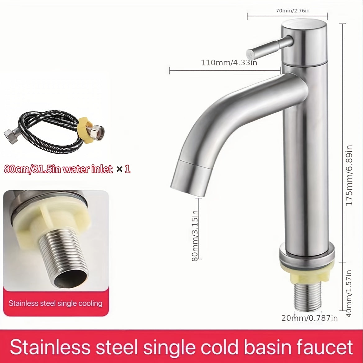 304 Stainless Steel Faucet with Single Cooled Ceramic Valve Core and Single Handle for Bathroom Cabinet Basin